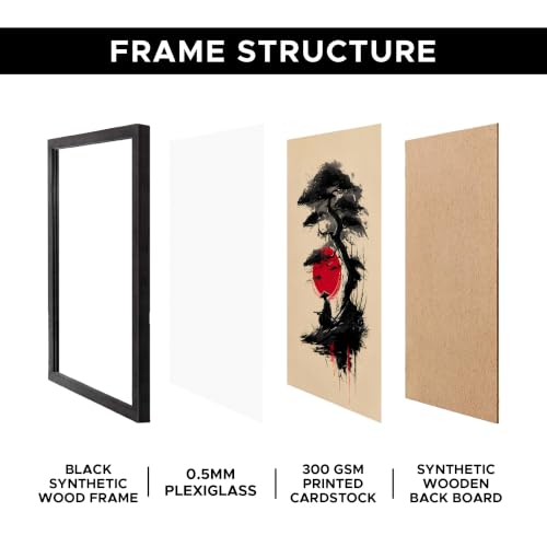 Image of Samurai & Bonsai Premium Framed Wall Poster (12x18 Inch) | Japanese Warrior & Red Sun Wall Art | Zen Asian Decor for Bedroom, Living Room, Office & Workspace | Ready-to-Hang Display Frame