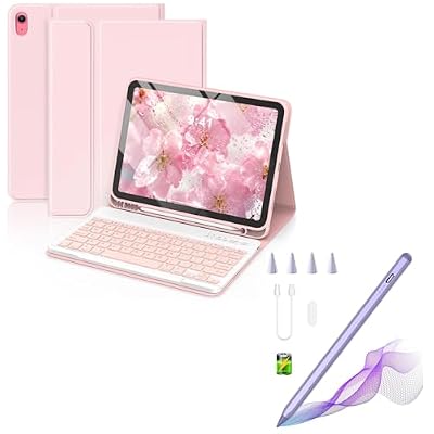 MMK for iPad 11th 10th Generation Case with Keyboard (2022, 10.9"), with Pencil Holder for iPad 11 inch (A16 2025), 10th Gen (10.9 Inch 2022) Pink Bundle with Stylus Pen