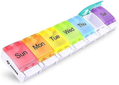 AUVON Weekly Pill Organizer Arthritis Friendly, BPA Free Travel 7 Day Pill Box Case with Spring Open Design and Large Compartment to Hold Vitamins, Cod Liver Oil, Supplements and Medication
