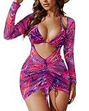 Pinup Fashion 3 Piece Bikini Sets Women Plus Size Purple Colorful Bathing Suit with Matching Cover Up Swimsuit Set 18W