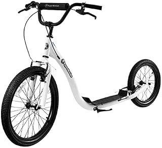 HyperMotion Scooter Adult Scooter for Teenagers and Adults 100kg Max. Weight Capacity Inflatable Solid Steel Large Wheels 20 and 16, Adjustable Handlebar 2 Brakes Ride, RIVA, Black/White