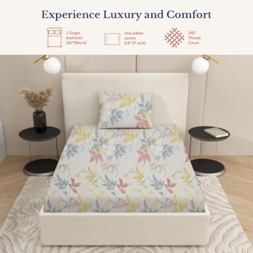 Image of Jaipur Weaves Single Bed Cotton Bedsheet with 1 Pillow Cover, 100% Pure Cotton Single Bedsheet 60x90 Inches, 240 TC Soft Breathable Floral Bed Sheet - (Orange Floral, Single)