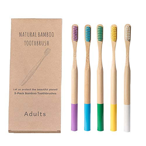 Lot de 5 brosses à dents en bambou extra douces pour adultes, étui de voyage, brosse à dents, usage domestique, 100 % naturel, écologique, végétalien, biodégradable, recyclable, 5 couleurs