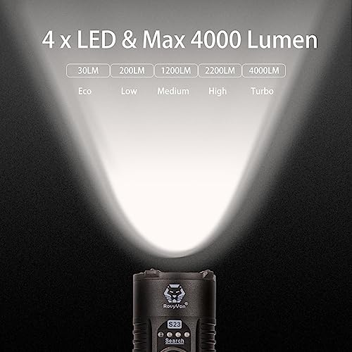 Rovyvon S23 Flashlight 4000 Lumen Rechargeable Super Bright Searchlight Long Lasting Ipx8 Waterproof For Home, Hunting, Searching, Outdoor Rescue #TOP1