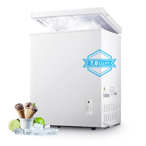 7.0 Cu.ft Chest Freezer, Top Open Door Deep Freezer with 8 Adjustable Thermostat (-11.2°F to 10.4°F), Compact Freezer with Removable Basket for Home/Garage/Office, White