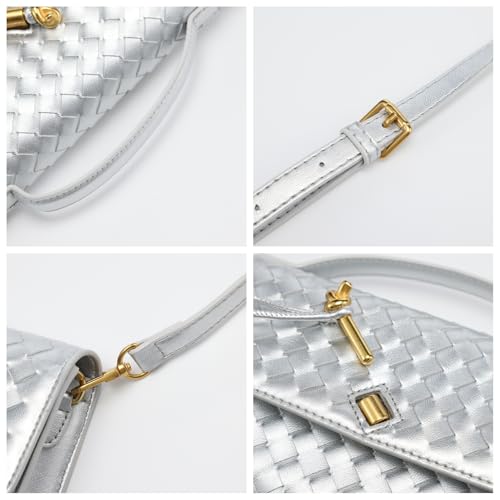 Image of Woven Clutch Purses for Women, PU Leather Shoulder Crossbody Evening Bag Satchel Handbag for Formal, Wedding, Party (Silver)