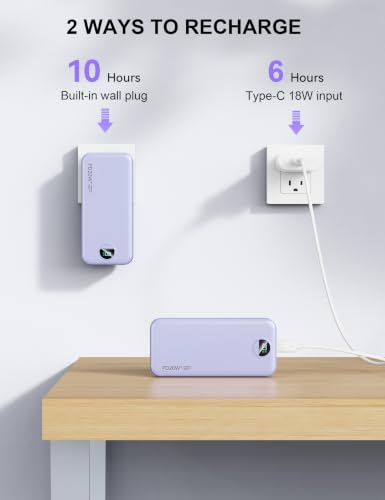 Image of Nusyddy Portable Charger 20000mAh PD20W w /Built-in Cables & Wall Plug Purp. | PD20W Fast Charging, High Capacity, LED Display, Charge 5 Devices at once, TSA Approved, Compatible with iPhone /iPad /Samsung