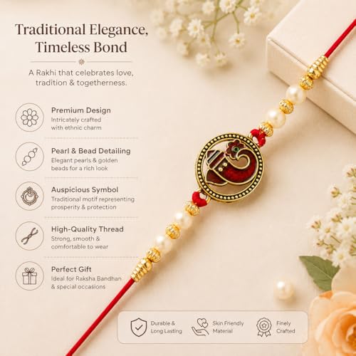 Image of Riddhika Ventures Religious Gold Plated Meenakari Sacred Ganesha Rakhi with Roli Chawal and Greeting Card