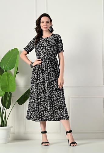Image of Ichaa Women's Blue Cotton Printed Maternity Dress with Feeding Zips and Pocket| in Plus Sizes