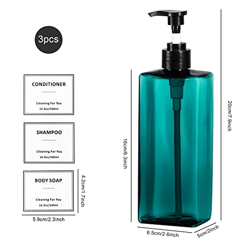 Plastic Shampoo and Conditioner Dispenser, Yeeco Refillable Pump Bottles Blue Shampoo Dispenser 16.9oz/500ml Shampoo Bottles with Pump 3 Packs for Bathroom, Kitchen, Hotel - Lake Blue2