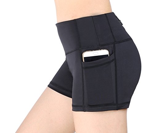 Azale Women's Active Fitness Yoga Running Exercise Workout Shorts with Side Pocket Black L