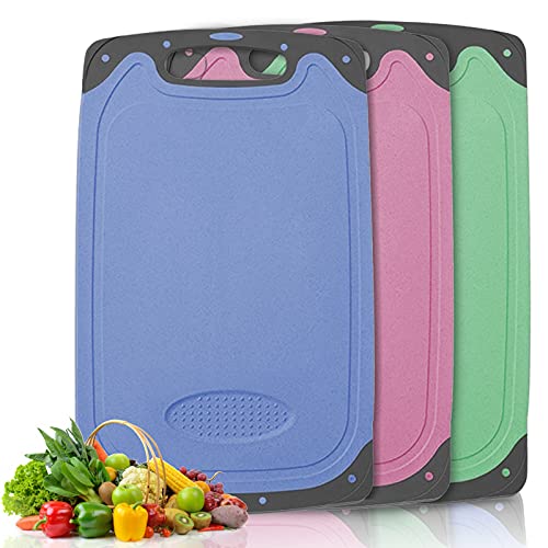 KERYCHIN Tabla de Cortar de Plástico con Ranuras de Jus Set, 3 Colores Diferentes, Utensilios de Cocina para Legume, Pan, Carne, Fácil de Limpiar y Almacenar, 35 x 22 x 0,6 cm, Azul/Rojo/Verde Cover