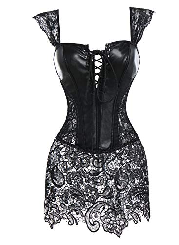 KIWI RATA Women's Punk Rock Faux Leather Buckle-up Corset Bustier Basque With G-String Small,Gothic Black Dress(fba)