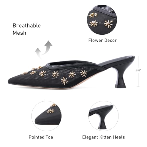 Image of Women Kitten Heel Mules Crystal Flower Decor Mesh Pointed Toe Low Heel Casual Pumps