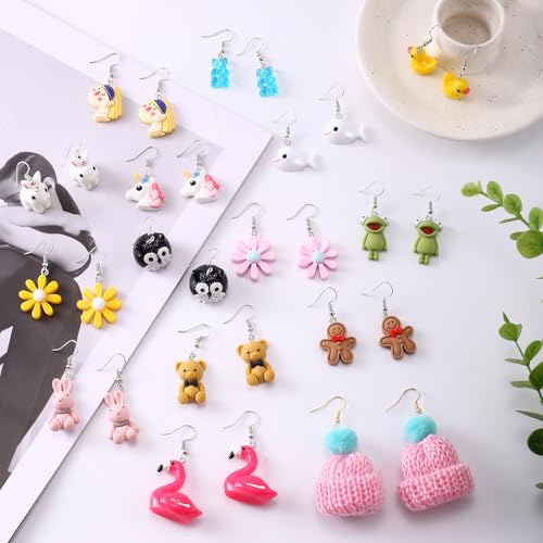 30 Pairs Weird Funny Earrings Set for Teens Girls Cute Fun Dangle Earrings for Women Mushroom Strawberry Daisy Donut Boba Food Animal Earrings Funky Aesthetic Earrings Kidcore Accessories 5