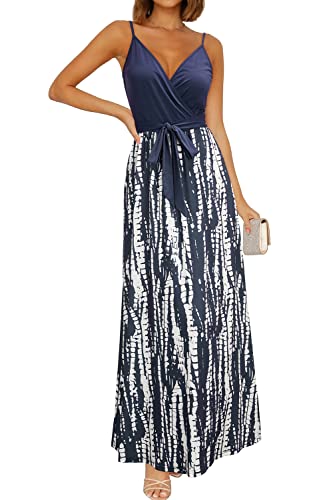 Image of OUGES Womens Summer Maxi Dress V Neck Floral Adjustable Spaghetti Strap Beach Dresses with Pockets