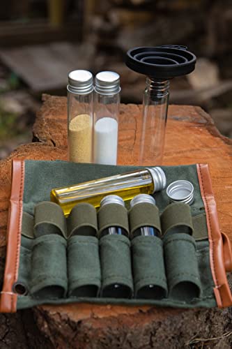 BLEEKER & RÖWE Bushcraft Kit de especiarias para acampamento portátil com frascos de vidro, funil e