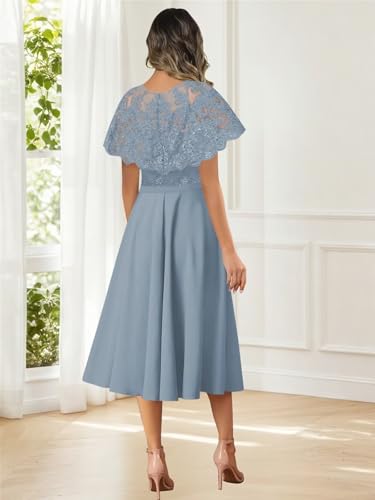 BANTRATIC Tea Length Mother of The Bride Dresses for Wedding with Cape Lace Appliques Chiffon Formal Guest Evening Party Gown3