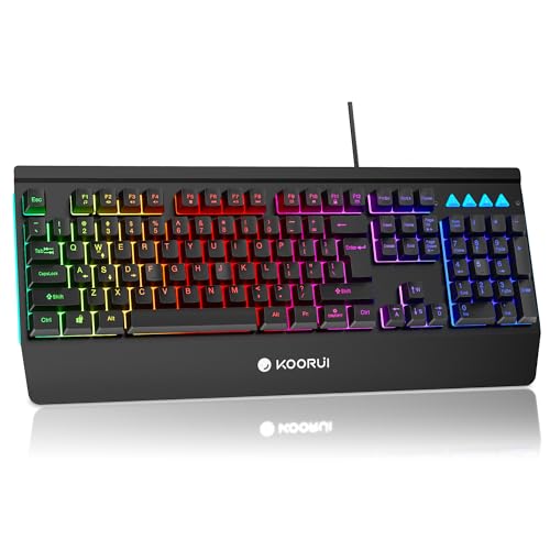 KOORUI Gaming Keyboard, 104Keys Wired Gaming Keyboard, LED Backlit Computer Keyboard, Mechanical Feel Keys, Anti-ghosting Keys, Waterproof Wired Keyboard, USB Membrane Keyboard for Desktop
