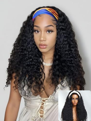 Nadula Headband Half Wig with Drawstring Human Hair – 24 Inch Water Wave Glueless Half Wig for Women, Beginner-Friendly, Wet and Wavy, 150% Density, Natural Color, Easy to Wear None Lace Front