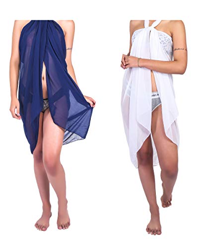 Ramanta Home Beach Wrap Sarong Cover Up for Women - Chiffon Swimsuit Bikini Wrap Skirts 42x70 Inches - 2 Piece Set - Navy and White