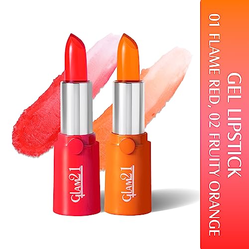 Image of Glam21 High Definition Lipstick|Lightweight & Ultra-Moisturizing Lip Color|Gel-Based Creamy Formula |Smooth Application & Vibrant Finish Long-Lasting |3.6gm Each, Flame Red & Fruity Orange -Pack Of 2