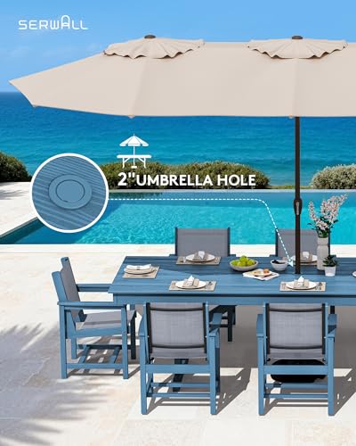 Image of SERWALL 9 Piece Outdoor Dining Set, 84 inch HDPE Outdoor Large Table and Textilene Sling Chairs for 8,All Weather Patio Dining Furniture Set with Umbrella Hole for Backyard, Garden, Blue
