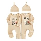 CREAIRY Twice The Love Half The Sleep Newborn Baby Girl Boy Twins Matching Outfits Fall Mitten Cuffs Knitted Jumpsuit Romper (Beige, 3-6 Months)