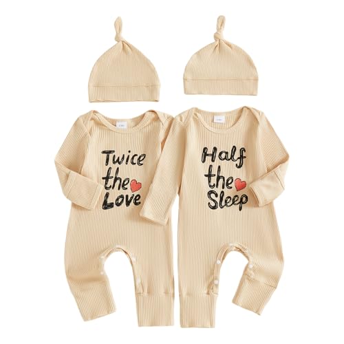 CREAIRY Twice The Love Half The Sleep Newborn Baby Girl Boy Twins Matching Outfits Fall Mitten Cuffs Knitted Jumpsuit Romper (Beige, 0-3 Months)