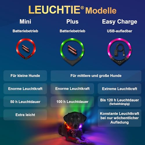 LEUCHTIE® Plus Leuchthalsband Hund batteriebetrieben, wasserdichtes LED Halsband, Hundehalsband Leuchtend mit 100 h Leuchtdauer, enorm hell, Lavendel Größe 35