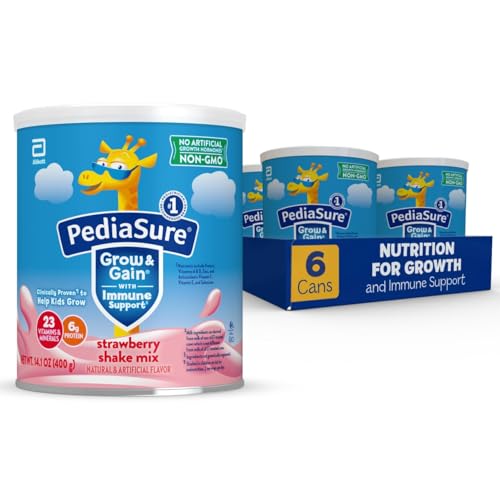 PediaSure Grow & Gain with Immune Support Shake Mix Powder 23 Vitamins & Minerals 6g Protein Non-GMO Gluten-Free Kids Nutrition Strawberry 14.1 oz Can Pack of 6-48 servings