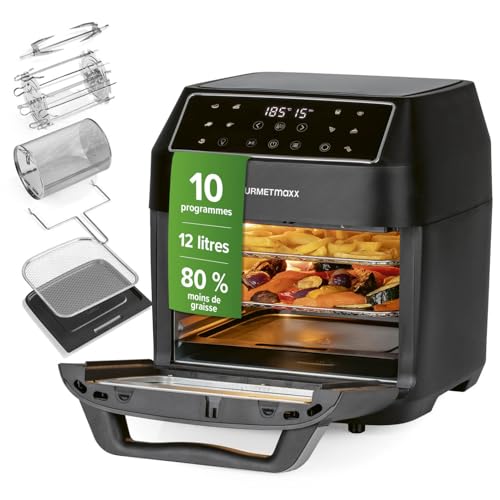 GOURMETmaxx Friteuse à air chaud 12L | Sans huile avec écran tactile, minuterie, brochettes & fonction rôtissoire | 10 programmes automatiques | Cuisson...
