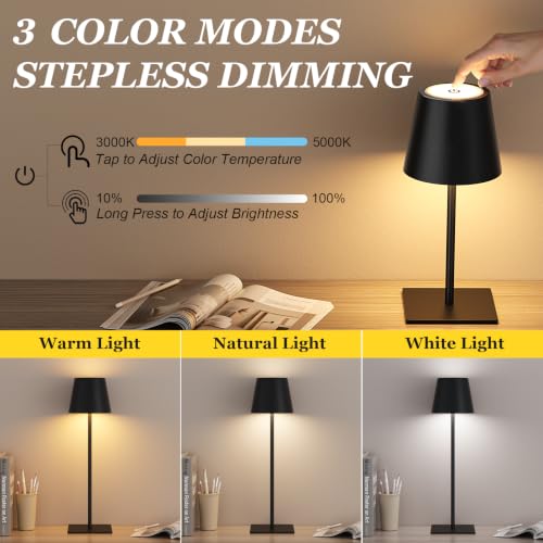 Image of Kakanuo Cordless Rechargeable Table Lamp Black 5000mAh Battery Operated Lamps, 3 Colors Stepless Dimming Touch Lamp for Dining, Living Room, Outdoor Patio, Kitchen Counter, 4 Pack