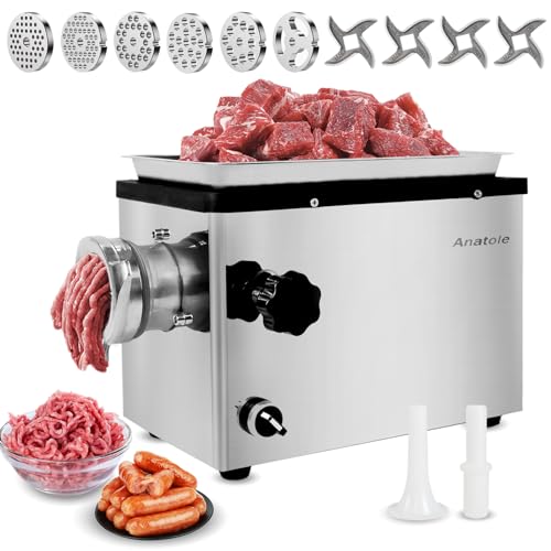 Anatole Commercial Electric Meat Grinder 1.8 HP 1300 W Heavy Duty Meat Bones Mincer Stainless Steel Sausage Stuffer with 6 Grinding Plate 4 Blades for Restaurant Hotel 110V