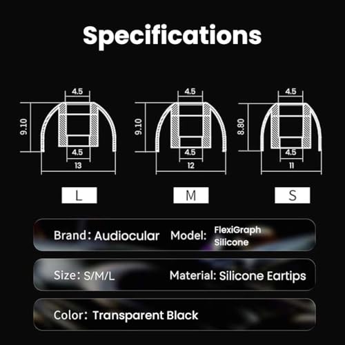 Image of AUDIOCULAR FlexiGraph Eartips for IEMs, 4.5mm Universal Fit, Silicone & Graphene, Enhanced Bass, Noise Isolation, Comfort, 3 Sizes (S /M /L) (Black)