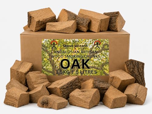 The Stove Wizard Oak Wood BBQ Smoker Smoking Chunks 1.5kg Andalusian Artisan Premium Quality Natural Eco Friendly Wood Chunks for Gas & Charcoal Grill Outdoor Cooking for Authentic BBQ Flavour