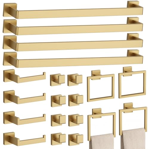 20-Piece Brushed Gold Bathroom Accessories Set – 23.6" Towel Bar, Towel Ring, Toilet Paper Holder & Hooks, Wall Mounted Bathroom Hardware, Rust & Corrosion-Resistant, Ideal for Modern Bathrooms