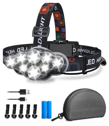 Nalezuns Stirnlampe, Stirnlampe LED Wiederaufladbar, Superheller Kopflampe 18000 Lumen 8 Lichtmodi & Rotlicht, 90° Einstellbar Stirnleuchte für Camping, Angeln, Reparatur, Notfälle