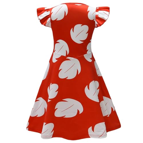 Dulwer Hawaiian Little Girls Costume Dress - Luau Flower Leis & Hair Clip Accessories for Toddler Halloween Party Cosplay Outfit (5-6 Years,Red) by Dulwer - Image 4
