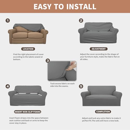 Image of Easy-Going 100% Waterproof Loveseat Couch Cover Stretch Jacquard Sofa Cover | Dual Waterproof Sofa Slipcover, Leakproof Furniture Protector for Kids, Pets, Dog and Cat (Loveseat, Grey)