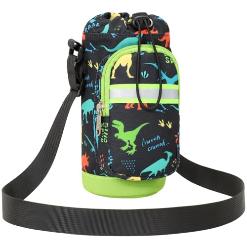 BrainyBees Water Bottle Holder for Kids - Water Bottle Carrier with Zipper Pocket & Strap, Crossbody Sling Bag Fits 10-18 oz, Protective Sleeve for School Hiking, Black Dinosaur