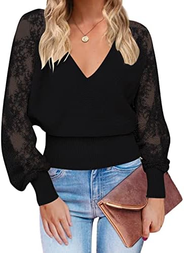 ZCSIA Women's Long Sleeve V Neck Lace Patchwork Solid Color Ribbed Knit Pullover Sweater Tops,SolidBlack,Small