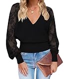 ZCSIA Women's Long Sleeve V Neck Lace Patchwork Solid Color Ribbed Knit Pullover Sweater Tops,SolidB