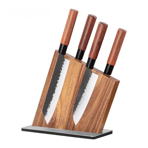 MyCulina Premium Double-Sided Magnetic Knife Block Acacia Wood Knife Holder with Strong Built-in Magnets - Kitchen Countertop Storage Stand with Non-Slip Stainless Steel Base (Knives Not Included)