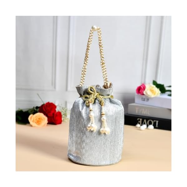 Kuber Industries Potli | Polyester Wedding Potli | Beads Handle Potli | Wallet Potli for Woman | Christmas Gift Potli | Baby Shower Potli | Metallic Shining Potli | Silver