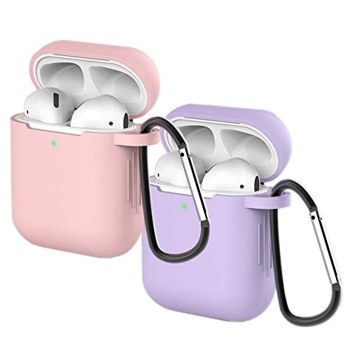 Molylove Compatibel met AirPods 1&2 Case Cover Skins met Sleutelhanger, Case voor Airpods Case Cover Siliconen Case Beschermende Shockproof [Front LED Zichtbaar] (AirPods 1&2, Roze+Paars)