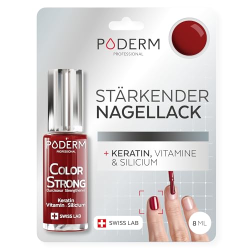 PODERM Nagelhärter Lack mit Biotin, Silizium und Keratin - Stärkt und repariert beschädigte, geschwächte, brüchige Nägel durch Gel-Nagellack, Alterung – Allurarot - Hände & Füße - Swiss Made