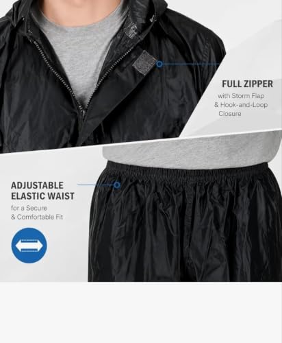 Image of Rain Coat for Men Waterproof with Pants black colour Polyester Bike RainSuit RainJacket Suit Mobile Pocket with Storage Bag