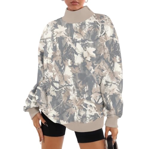 Women Mock Neck Sweatshirt Maple Leaf Print Ribbed Cuffs Side Slit Clothing - image 6