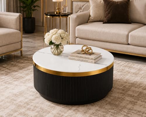 Image of Modern Round Centre Table - 76x76x46 cm | White Marble Top with Gold Accent Strip & Charcoal Louvers | Luxury Coffee & Tea Table for Living Room, Lounge & Entryway (Black)